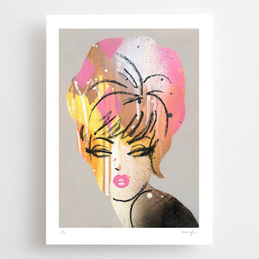 Sundae Girl pink and yellow art print. Bouffant beehive hair vintage girl mid century modern