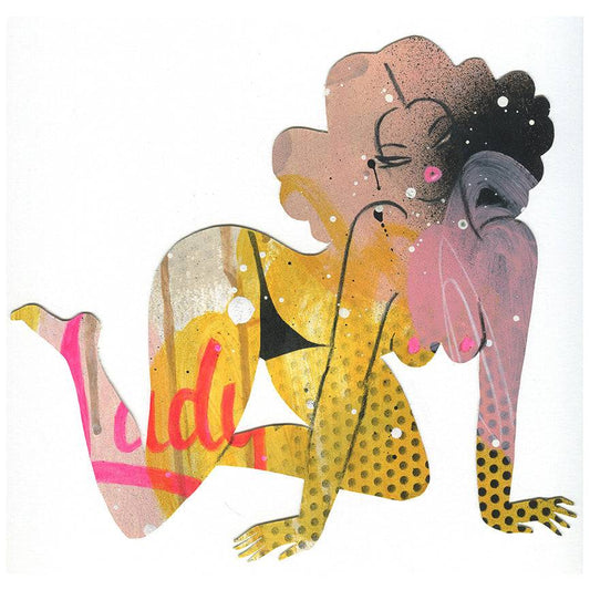 Original art on paper by Neryl Walker. Yellow, pink polka dot with lady text.