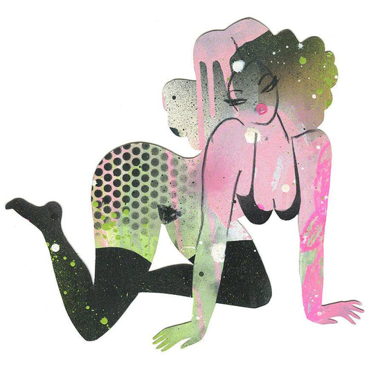 Original art on paper. Lotta Fun- pink, green, polka dots and black stockings with neon
