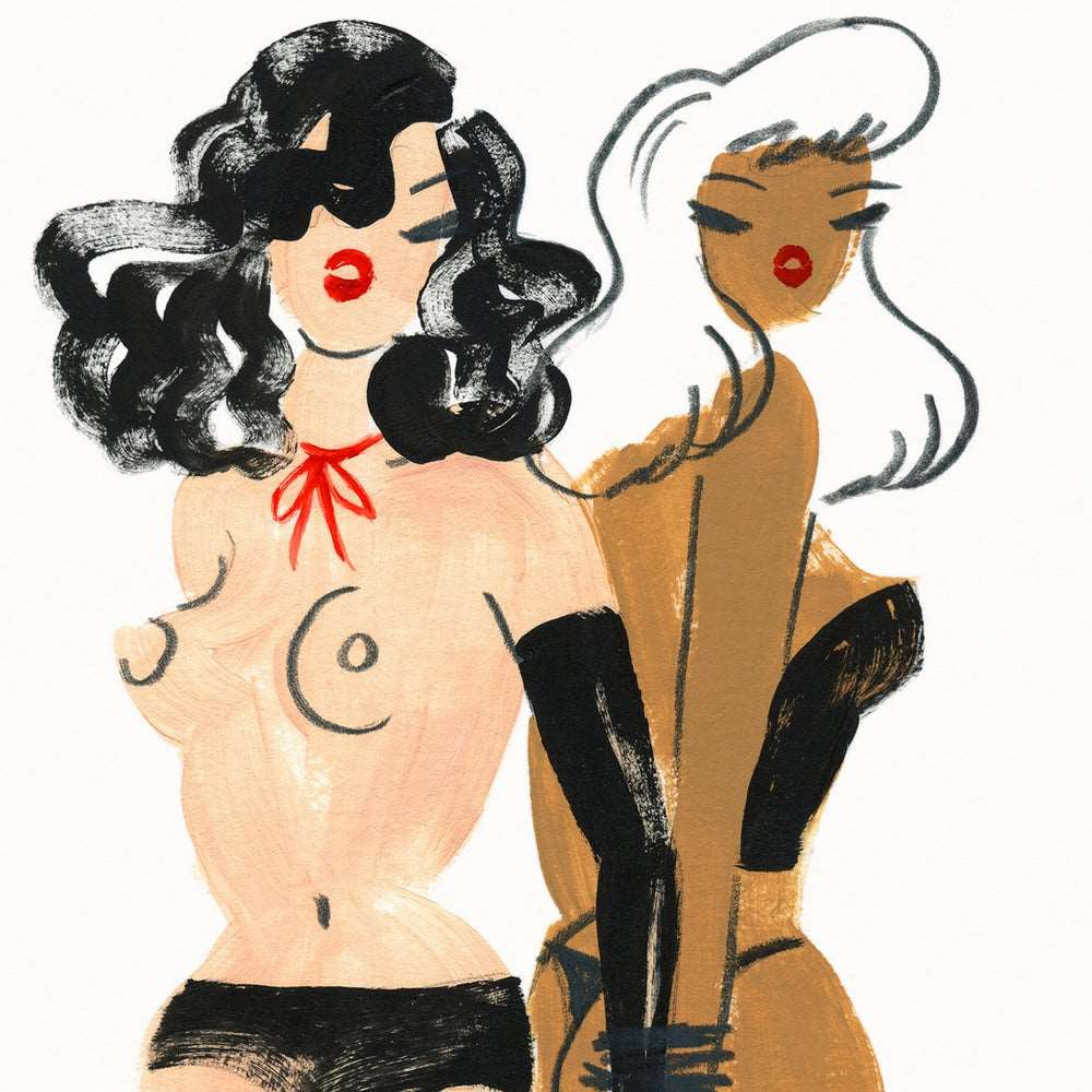 A4 limited edition giclee art print featuring two bound women in lingerie by Australian female artist Neryl Walker.