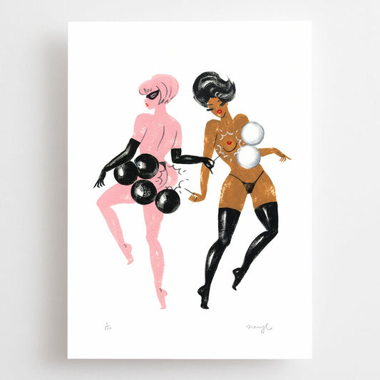 A4 limited edition giclee art print featuring two burlesque women in lingerie bursting balloons by Australian female artist Neryl Walker. 