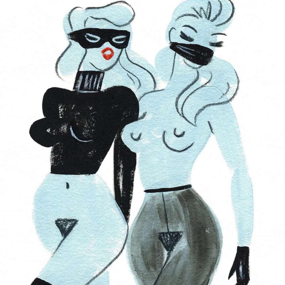 A4 limited edition giclee art print featuring two women in stockings, masks and mouth gag by Australian female artist Neryl Walker.