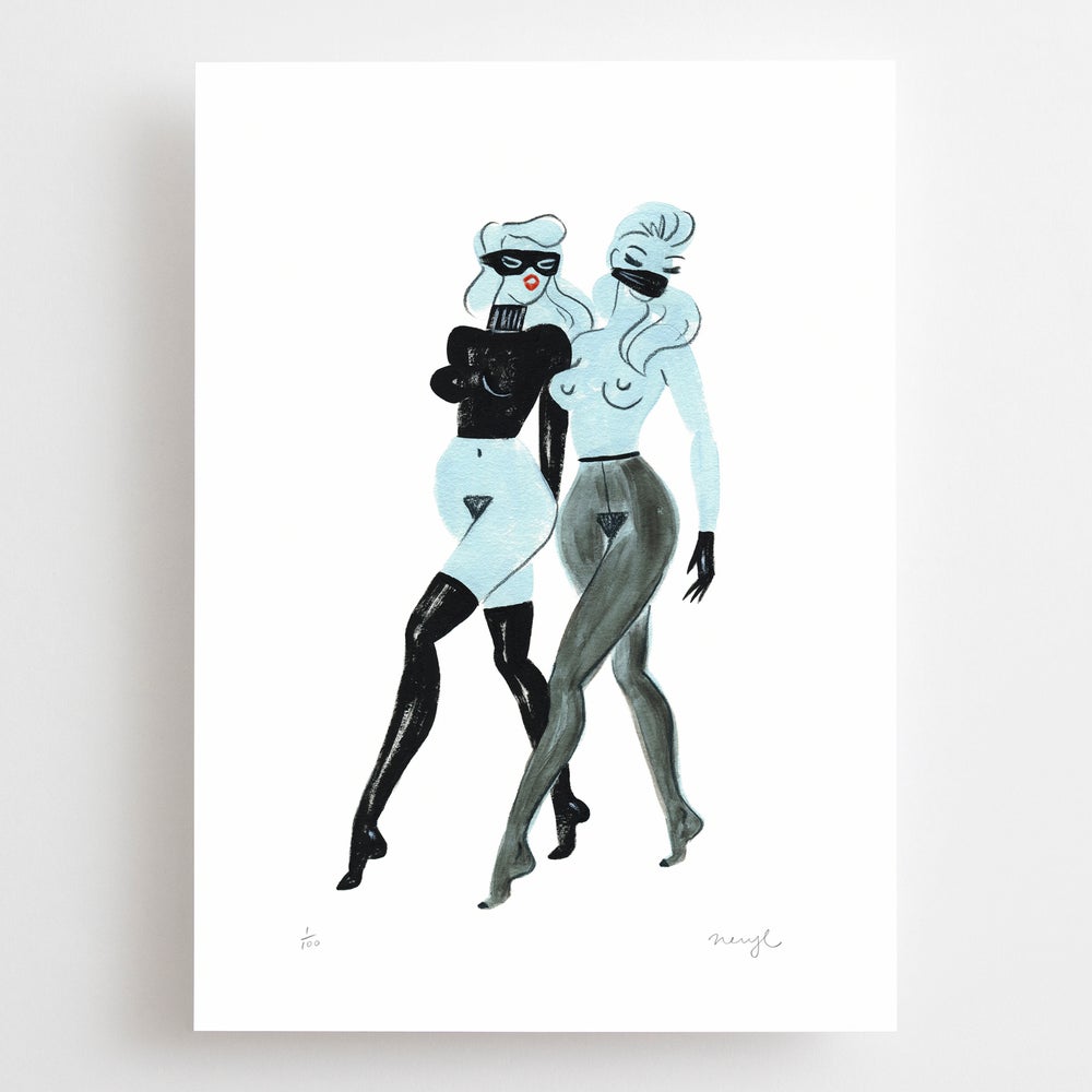 A4 limited edition giclee art print featuring two women in stockings and masks by Australian female artist Neryl Walker.