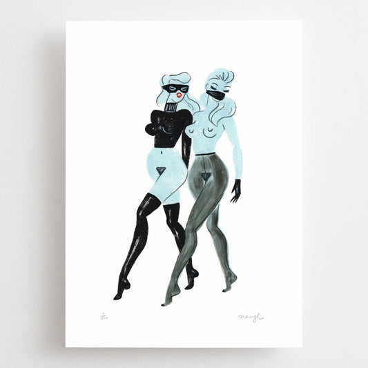 A4 limited edition giclee art print featuring two women in stockings and masks by Australian female artist Neryl Walker. 
