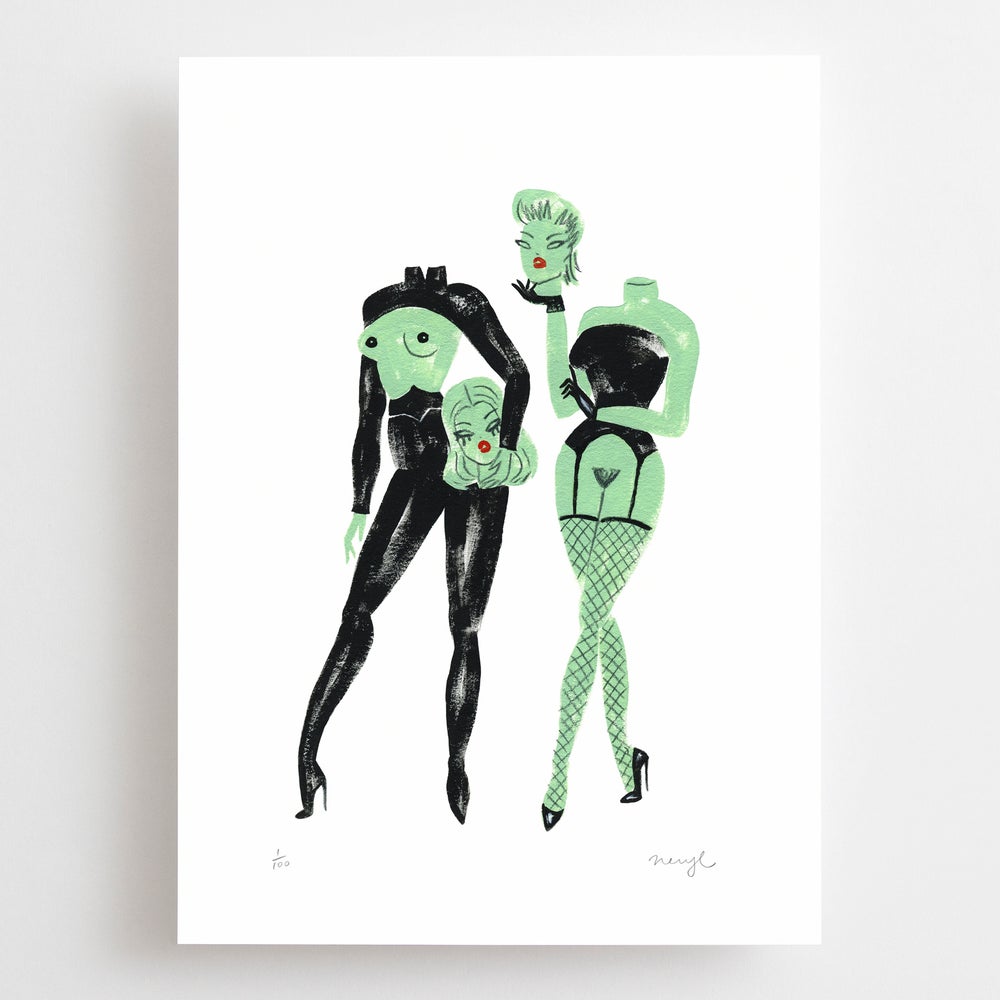 A4 limited edition giclee art print featuring two bondage headless women in lingerie by Australian female artist Neryl Walker.