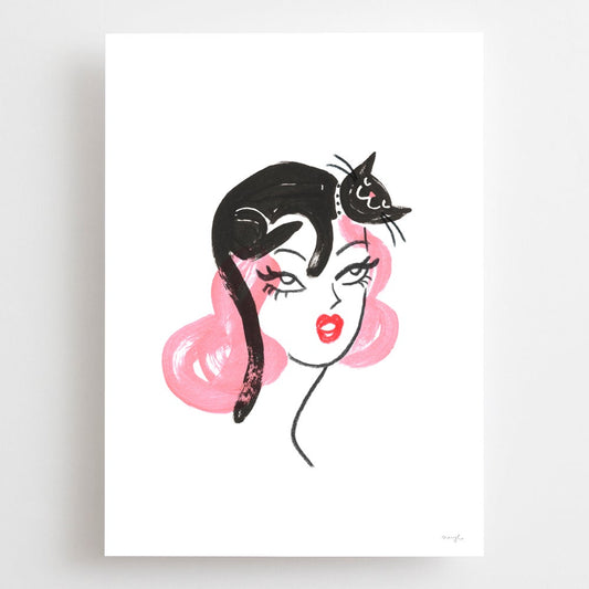  Limited edition giclee art print by Australian female artist Neryl Walker. Vintage girl with pink hair with black cat hat on her head.