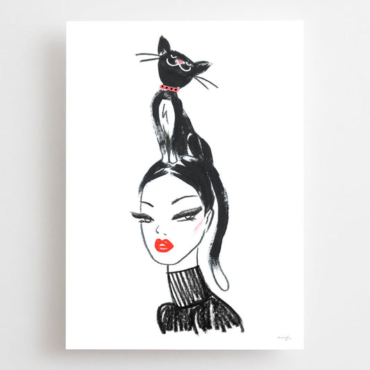  Limited edition giclee art print by Australian female artist Neryl Walker. Model chic girl with with black cat hat on her head.