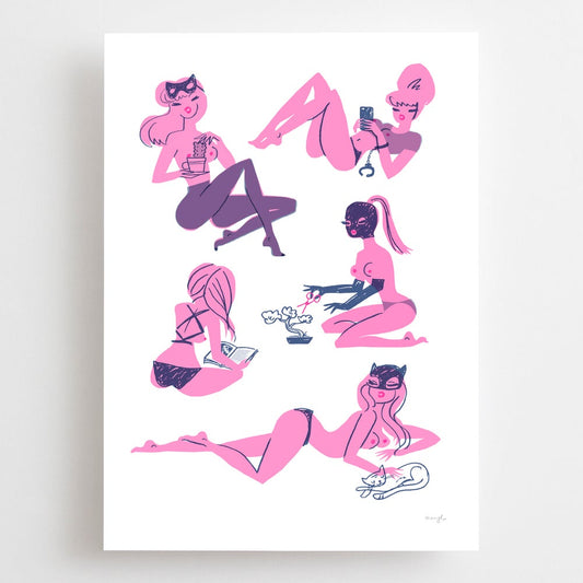 A3 and A2 limited edition giclee art print featuring  women in their down time by Australian female artist Neryl Walker. Bondage bonsai, drinking tea, phone scrolling, reading and patting cat.