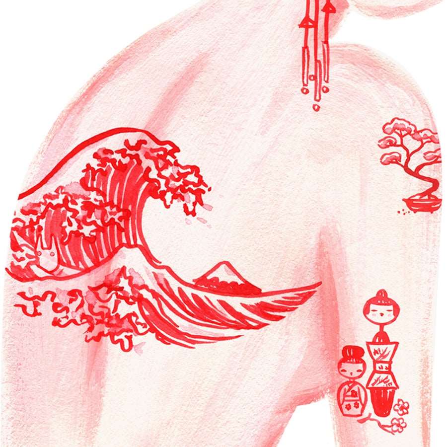A3, A2 and A1 limited edition giclee art print inspired by the Wanda Jackson song, Fujiyama Mama. Print by Australian female artist Neryl Walker. Hokusai wave, kokeshi, bonsai and and totoro.