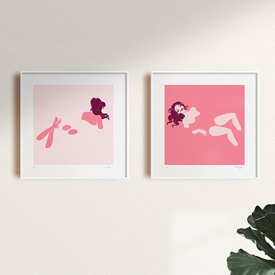 Moon River and Eliza Day wall art with plant. limited edition giclee art print featuring a women bathing in pink water by Australian female artist Neryl Walker.