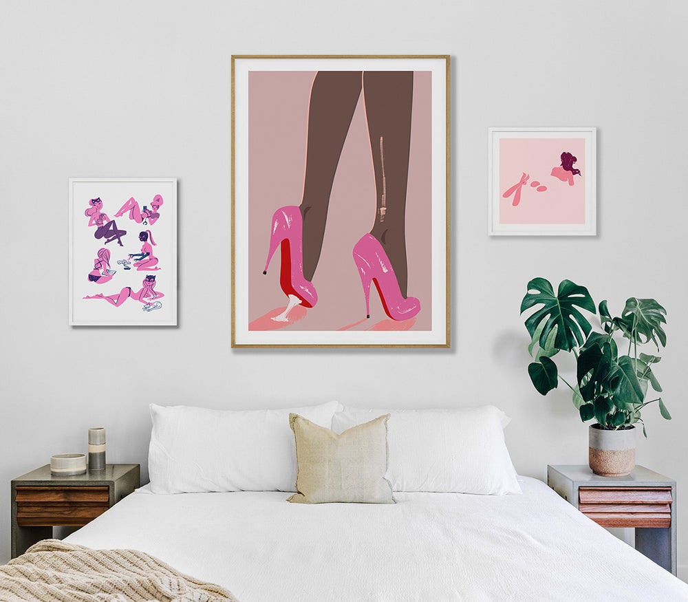 Bedroom wall art with framed limited edition prints by illustrator artist Neryl Walker. Feminine, pink, bed, monstera