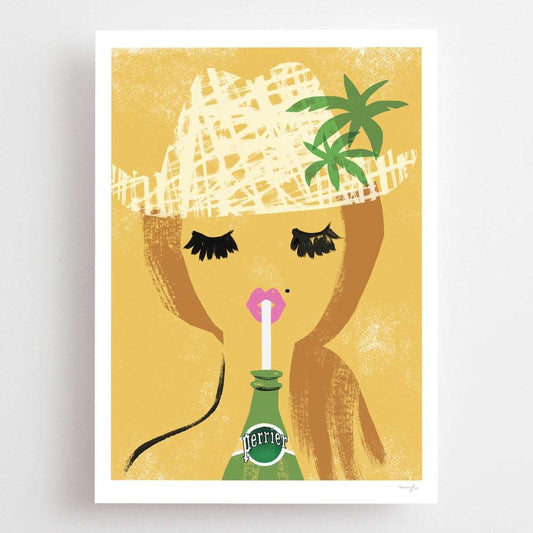 A3, A2 and A1 limited edition giclee vintage cafe style poster art print, Perrier Girl. Print by Australian female artist Neryl Walker.