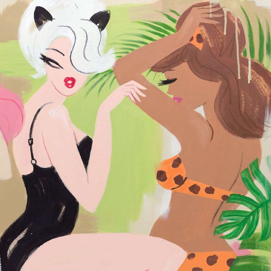 A3, A2 and A1 limited edition giclee art print featuring cat women in the jungle by Australian female artist Neryl Walker. Leopard print, tiger print, ferns and monstera plant.