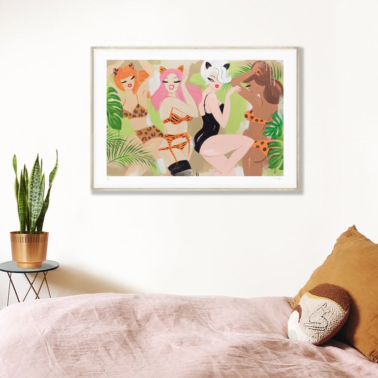 A3, A2 and A1 limited edition giclee art print featuring cat women in the jungle by Australian female artist Neryl Walker. Leopard print, tiger print, ferns and monstera plant. Bedroom wall art poster. Snake plant.