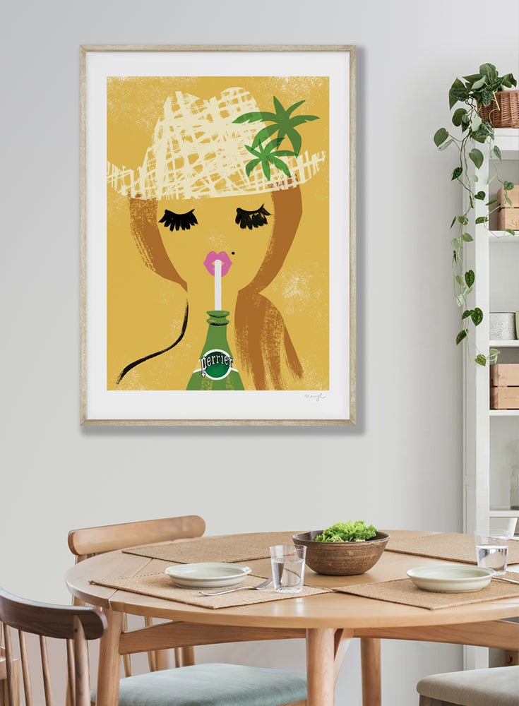 A3, A2 and A1 limited edition giclee vintage cafe style poster art print, Perrier Girl. Print by Australian female artist Neryl Walker. Kitchen framed wall art