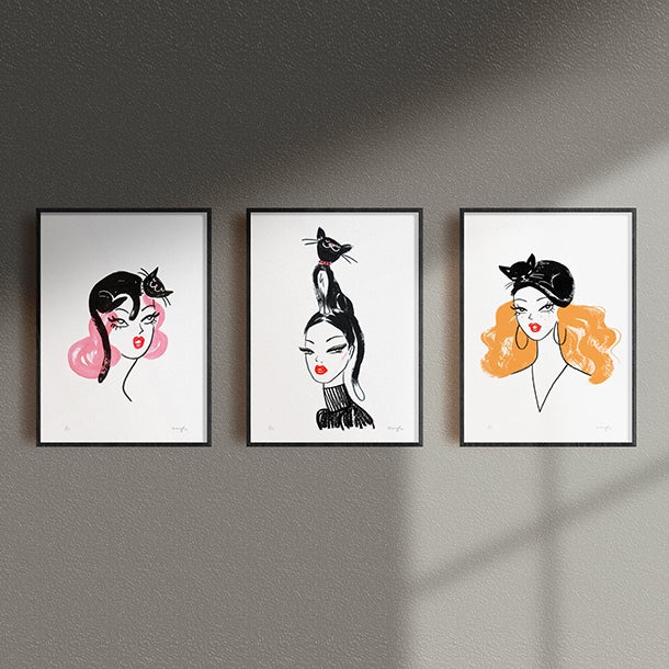 Limited edition giclee art print by Australian female artist Neryl Walker. Model chic girl with with black cat hat on her head. Framed wall art.