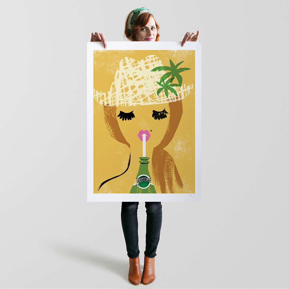 A1 limited edition giclee vintage cafe style poster art print, Perrier Girl. Print by Australian female artist Neryl Walker.