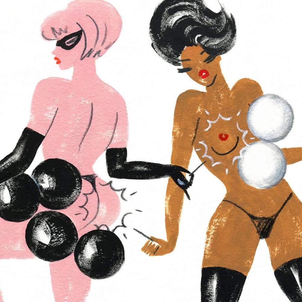 A4 limited edition giclee art print featuring two women in lingerie bursting balloons by Australian female artist Neryl Walker.