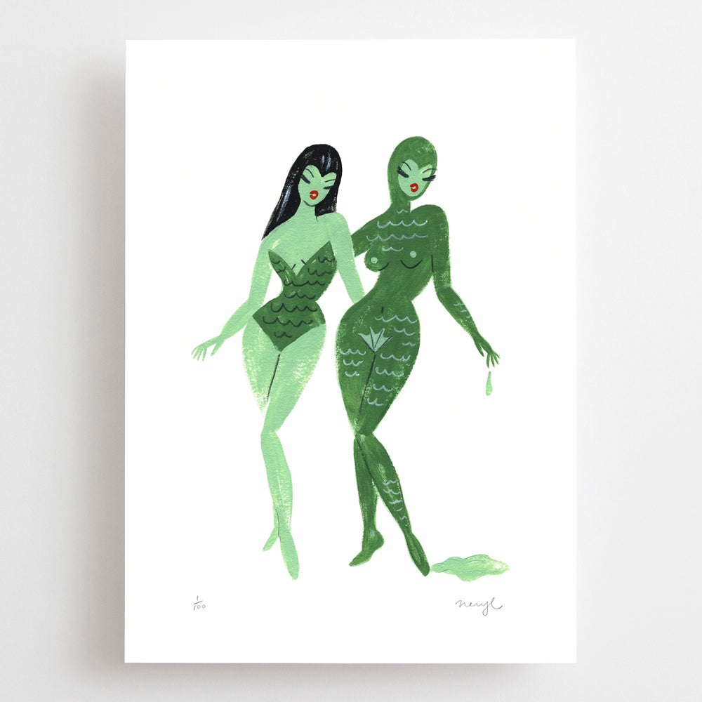 A4 limited edition giclee art print featuring two swamp women by Australian female artist Neryl Walker. Swamp girls