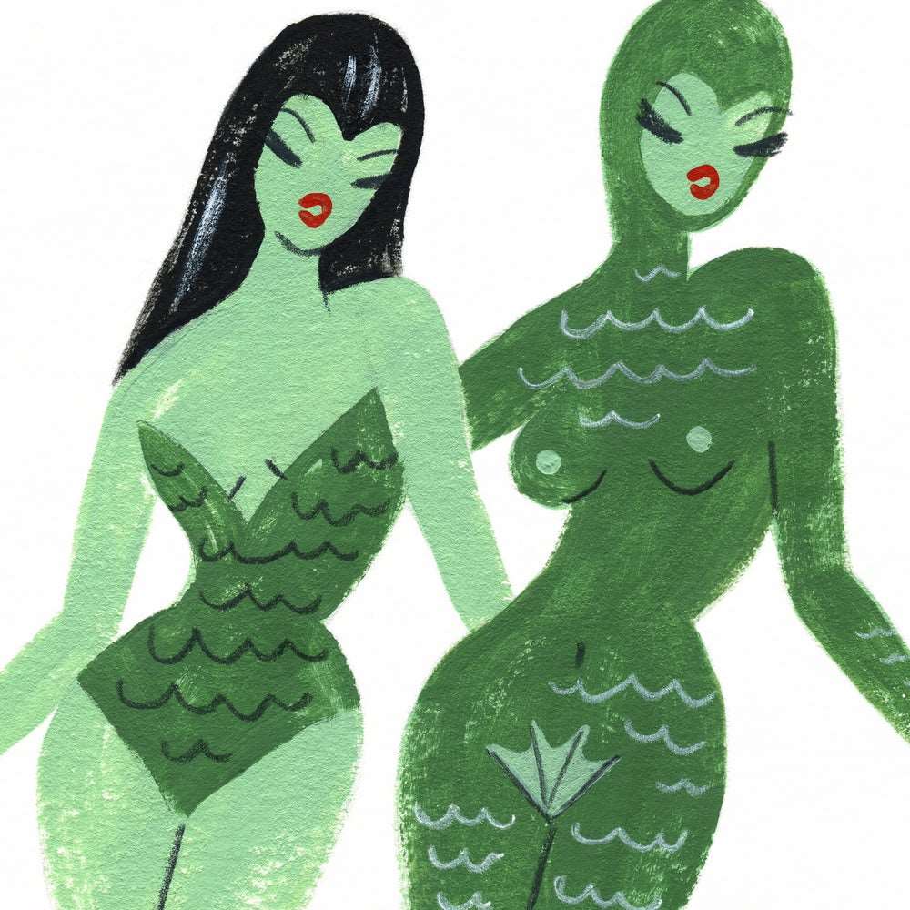 A4 limited edition giclee art print featuring two swamp women by Australian female artist Neryl Walker. Swamp monster girls