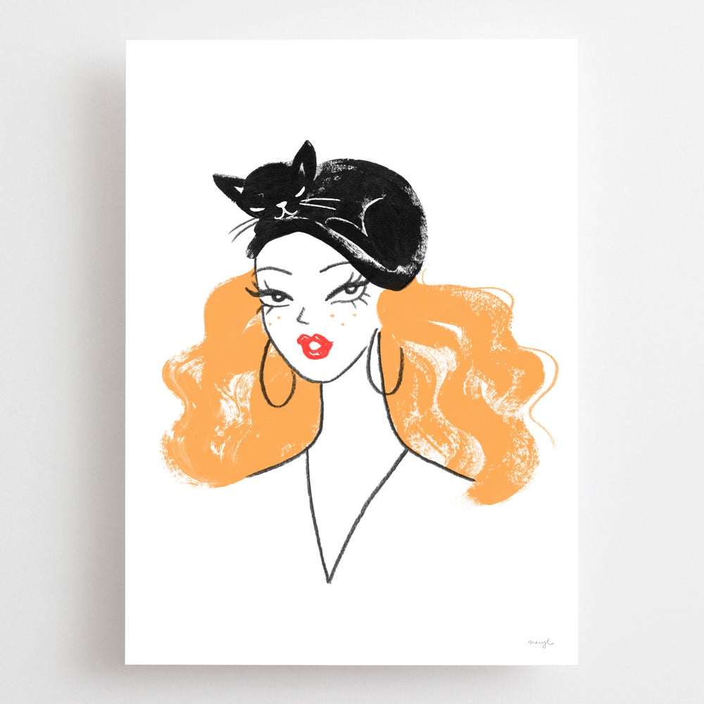 Limited edition giclee art print by Australian female artist Neryl Walker. Girl with with black cat turban hat on her head.