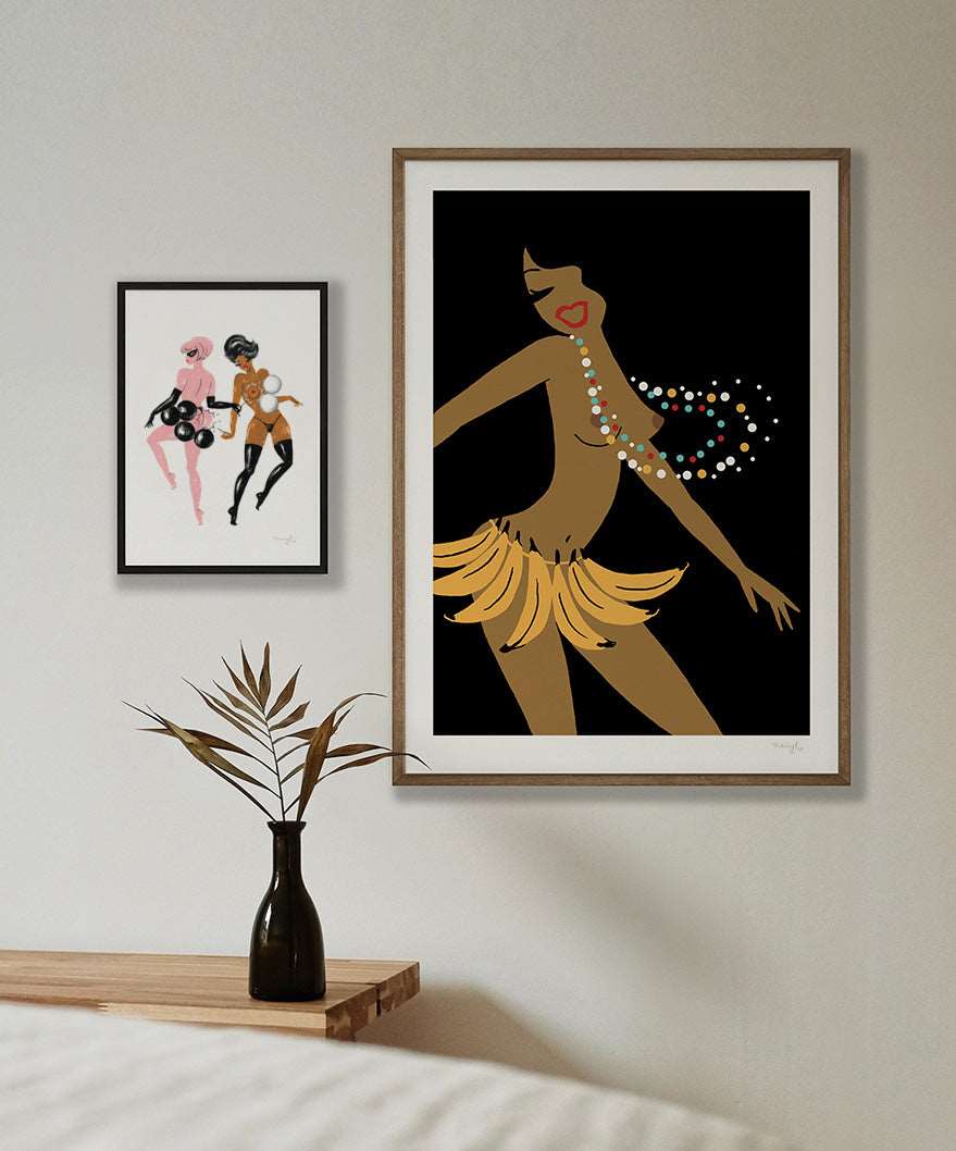 A3, A2 and A1 limited edition giclee art print inspired by dancer and performer Josephine Baker by Australian female artist Neryl Walker. Banana skirt. Framed wall art