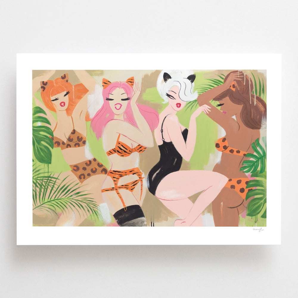 A3, A2 and A1 limited edition giclee art print featuring cat women in the jungle by Australian female artist Neryl Walker. Leopard print, tiger print, ferns and monstera plant.