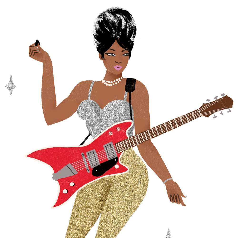 norma Jean Wofford. A4 and A3 limited edition giclee pop art print featuring The Duchess from Bo Diddleys band by Australian female illustrator artist Neryl Walker. Glitter. Guitar