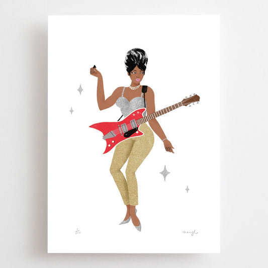 A4 and A3 limited edition giclee pop art print featuring The Duchess from Bo Diddley's band by Australian female illustrator artist Neryl Walker.