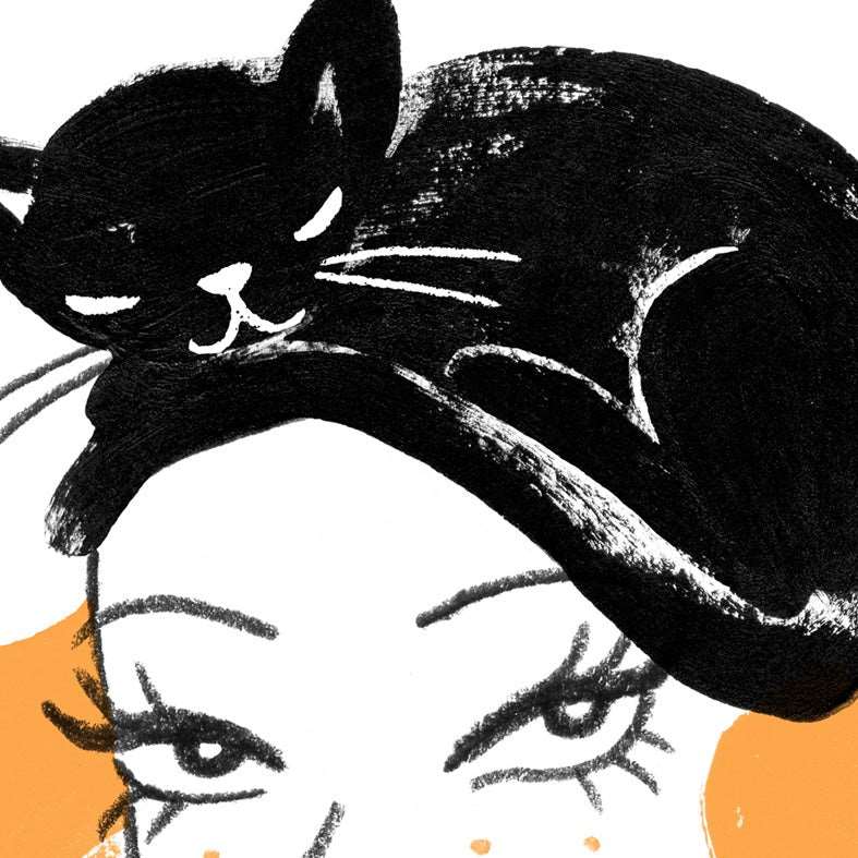 Limited edition giclee art print by Australian female artist Neryl Walker. Girl with with black cat turban hat on her head.