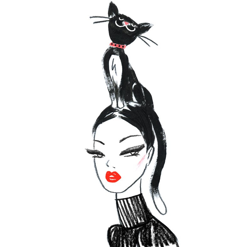 Limited edition giclee art print by Australian female artist Neryl Walker. Model chic girl with with black cat hat on her head