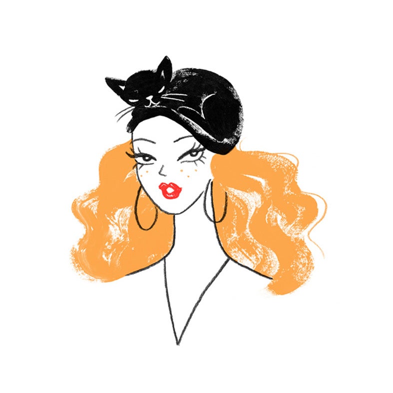 Limited edition giclee art print by Australian female artist Neryl Walker. Girl with with black cat turban hat on her head.