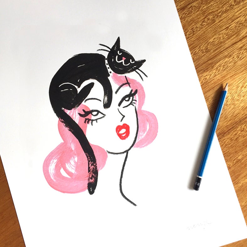  Limited edition giclee art print by Australian female artist Neryl Walker. Vintage girl with pink hair with black cat hat on her head.