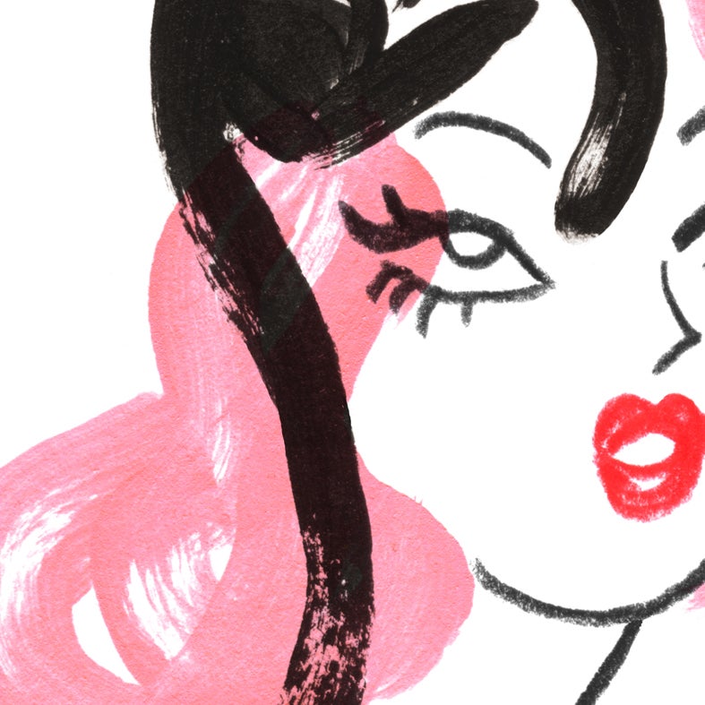  Limited edition giclee art print by Australian female artist Neryl Walker. Vintage girl with pink hair with black cat hat on her head.