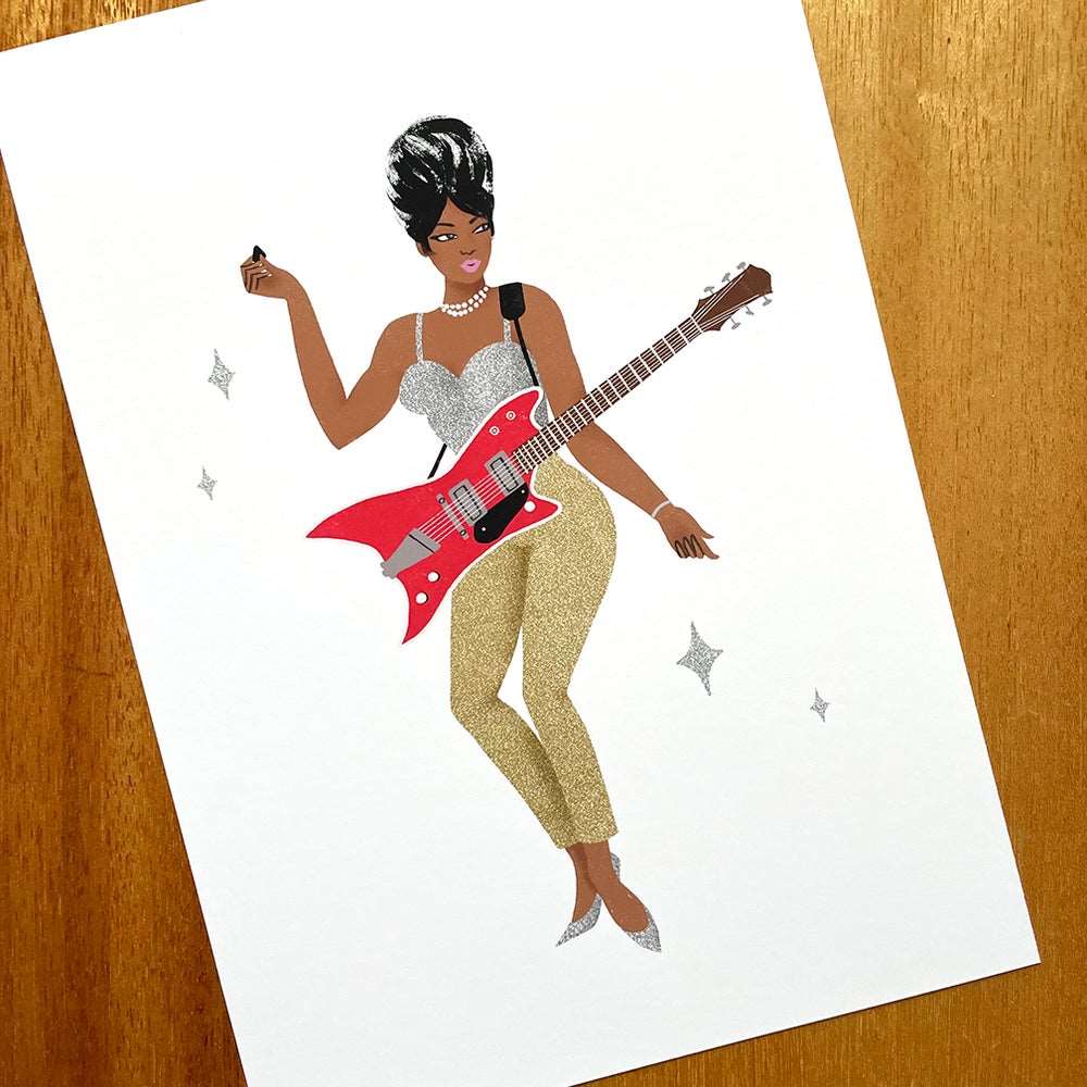 Norma Jean Wofford .A4 and A3 limited edition giclee pop art print featuring The Duchess from Bo Diddleys band by Australian female illustrator artist Neryl Walker. Guitar queen 