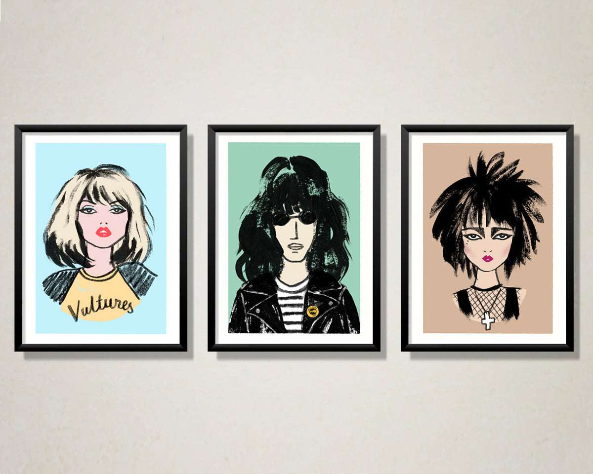 A4 and A3 limited edition giclee pop art print featuring Joey Ramone from The Ramones by Australian female artist Neryl Walker. Wall art of Joey Ramone, Siouxsie Sioux and Debbie Harry