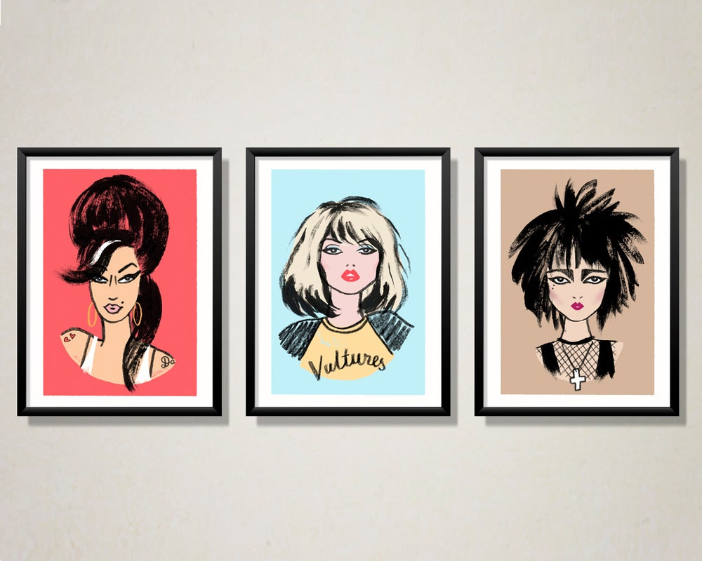 A4 and A3 limited edition giclee pop art print featuring Siouxsie Sioux by Australian female artist Neryl Walker. Wall art of Amy Winehouse, Siouxsie Sioux and Debbie Harry.